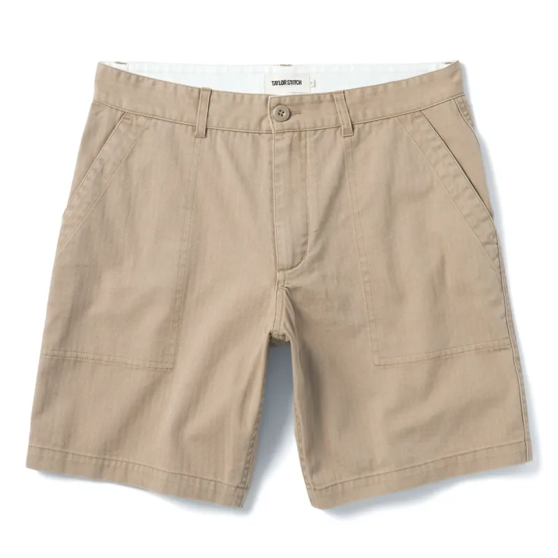 The Trail Short in Khaki Herringbone sold by Taylor Stitch