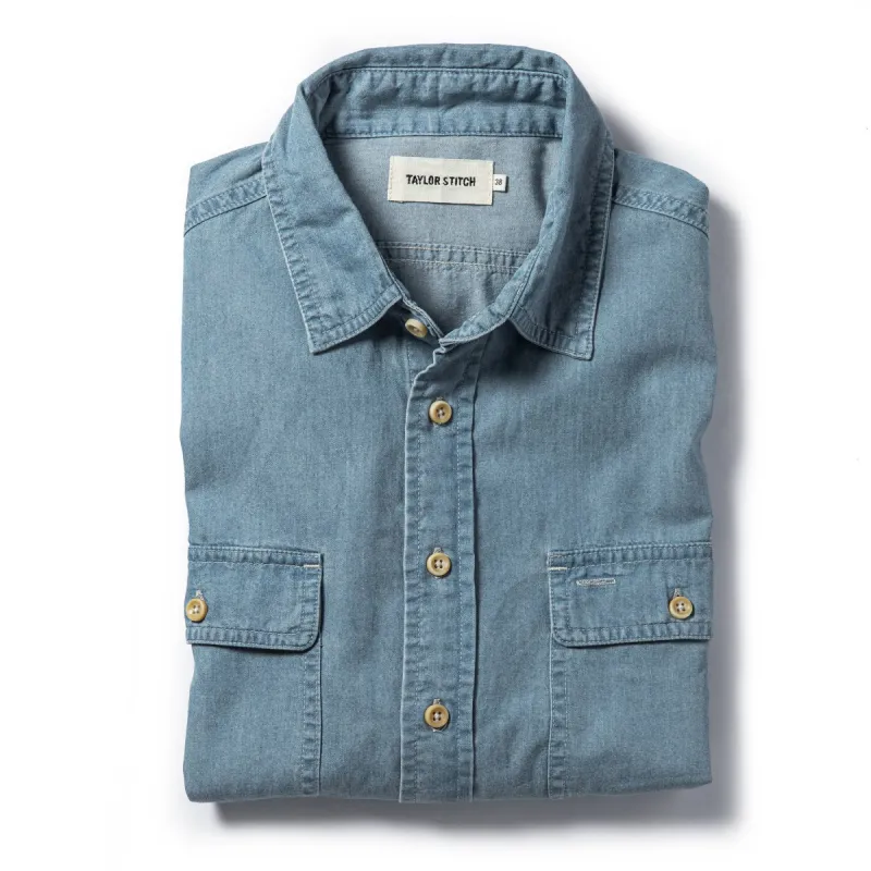 The Ledge Shirt in Sun Bleached Chambray sold by Taylor Stitch