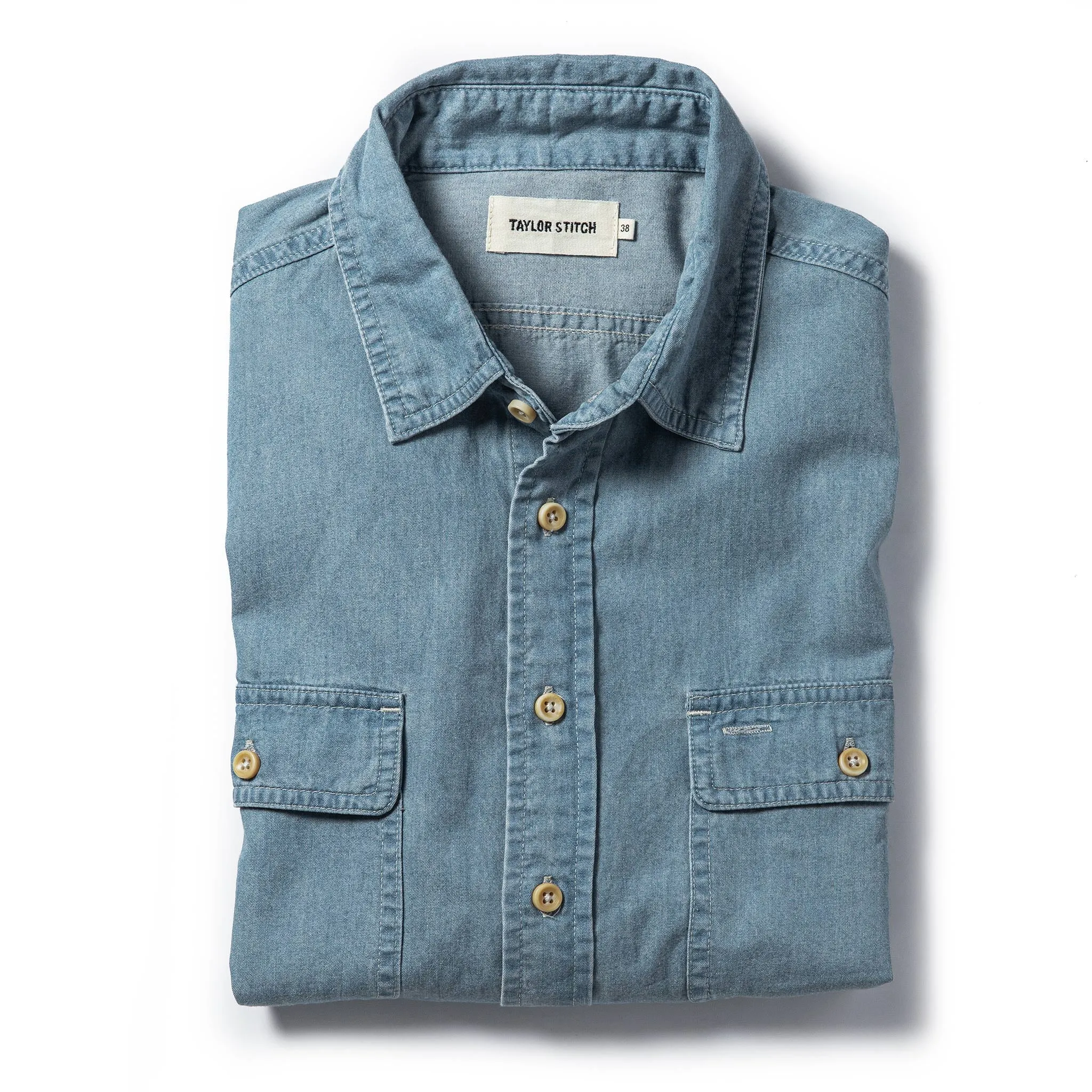 The Ledge Shirt in Sun Bleached Chambray sold by Taylor Stitch