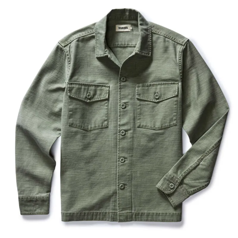 The Surplus Shirt in Field Olive Reverse Sateen sold by Taylor Stitch