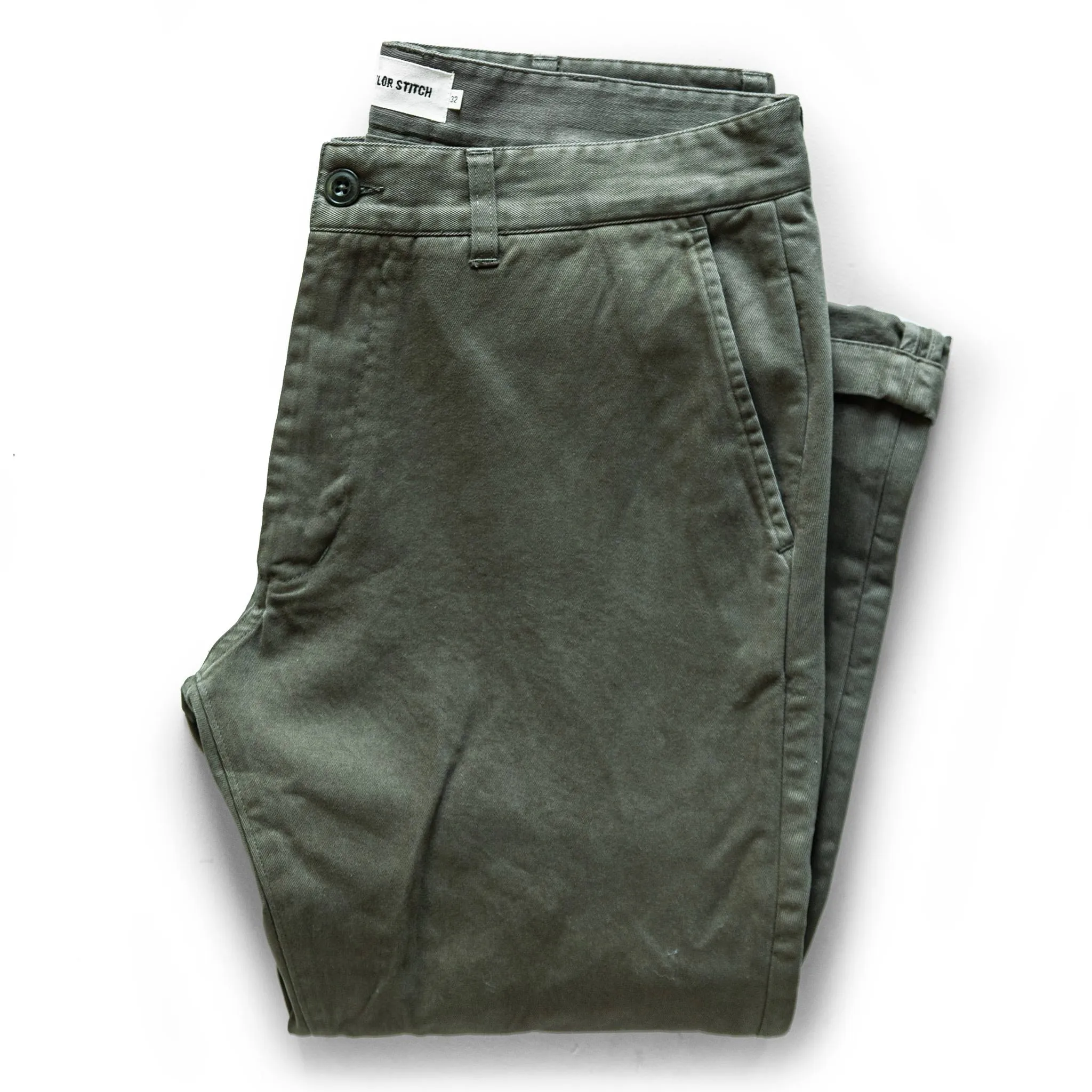 The Democratic Foundation Pant in Organic Olive sold by Taylor Stitch