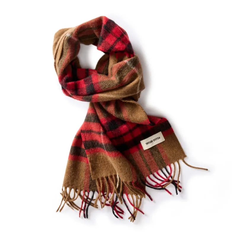 The Fireside Scarf in Camel Tartan Merino sold by Taylor Stitch