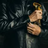 The Band Collar Moto Jacket in Black Steerhide sold by Taylor Stitch