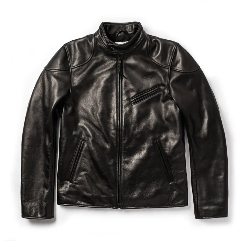 The Band Collar Moto Jacket in Black Steerhide sold by Taylor Stitch