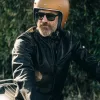 The Band Collar Moto Jacket in Black Steerhide sold by Taylor Stitch