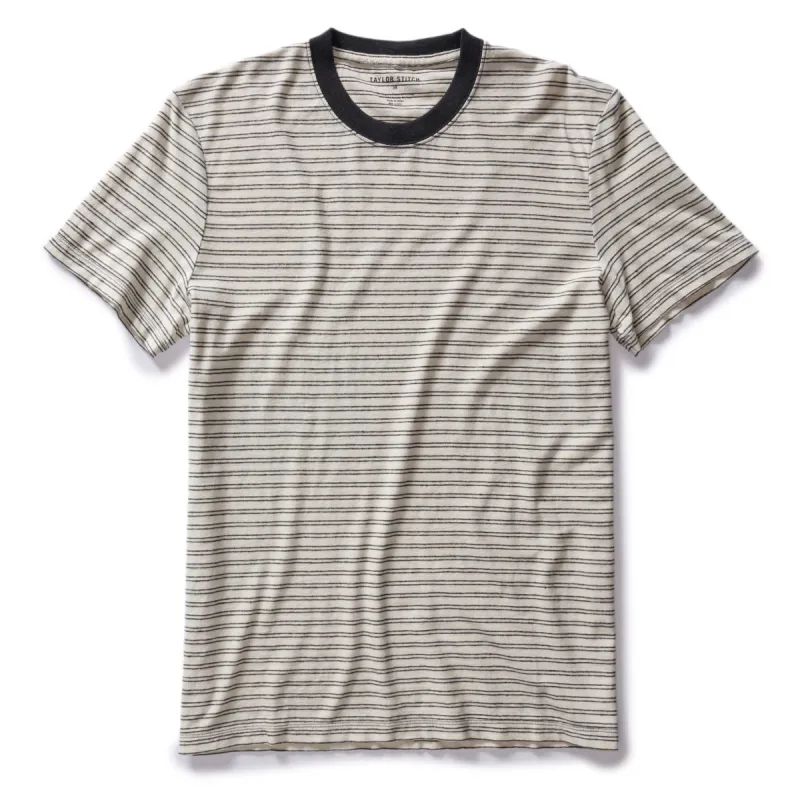 The Cotton Hemp Tee in Black Coffee Stripe sold by Taylor Stitch