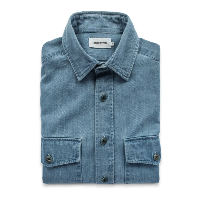 The Maritime Shirt Jacket in Sun Bleached Indigo sold by Taylor Stitch
