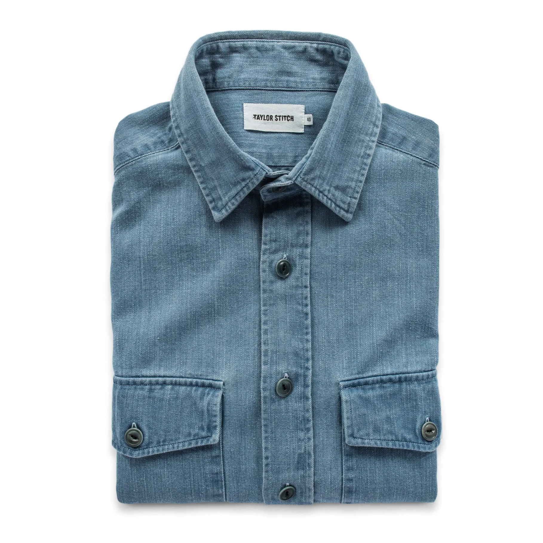 The Maritime Shirt Jacket in Sun Bleached Indigo sold by Taylor Stitch