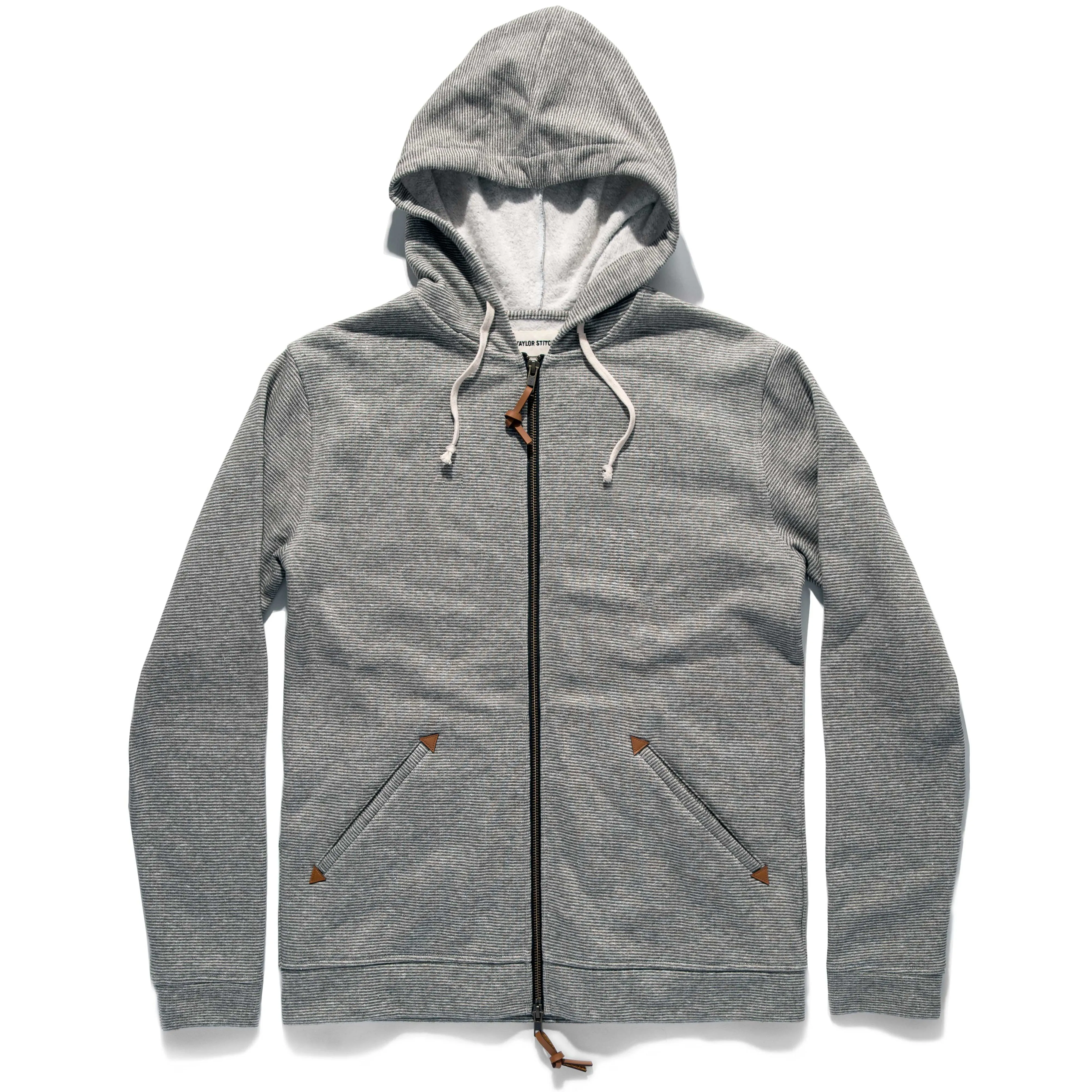 The Après Hoodie in Olive Stripe Hemp Fleece sold by Taylor Stitch
