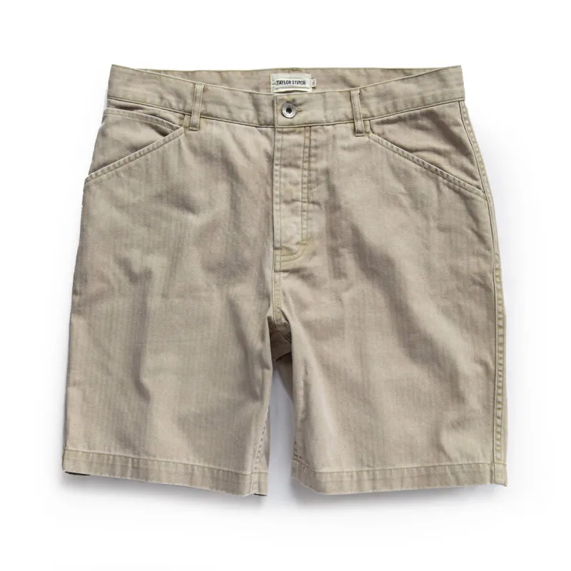 The Camp Short in Khaki Herringbone sold by Taylor Stitch