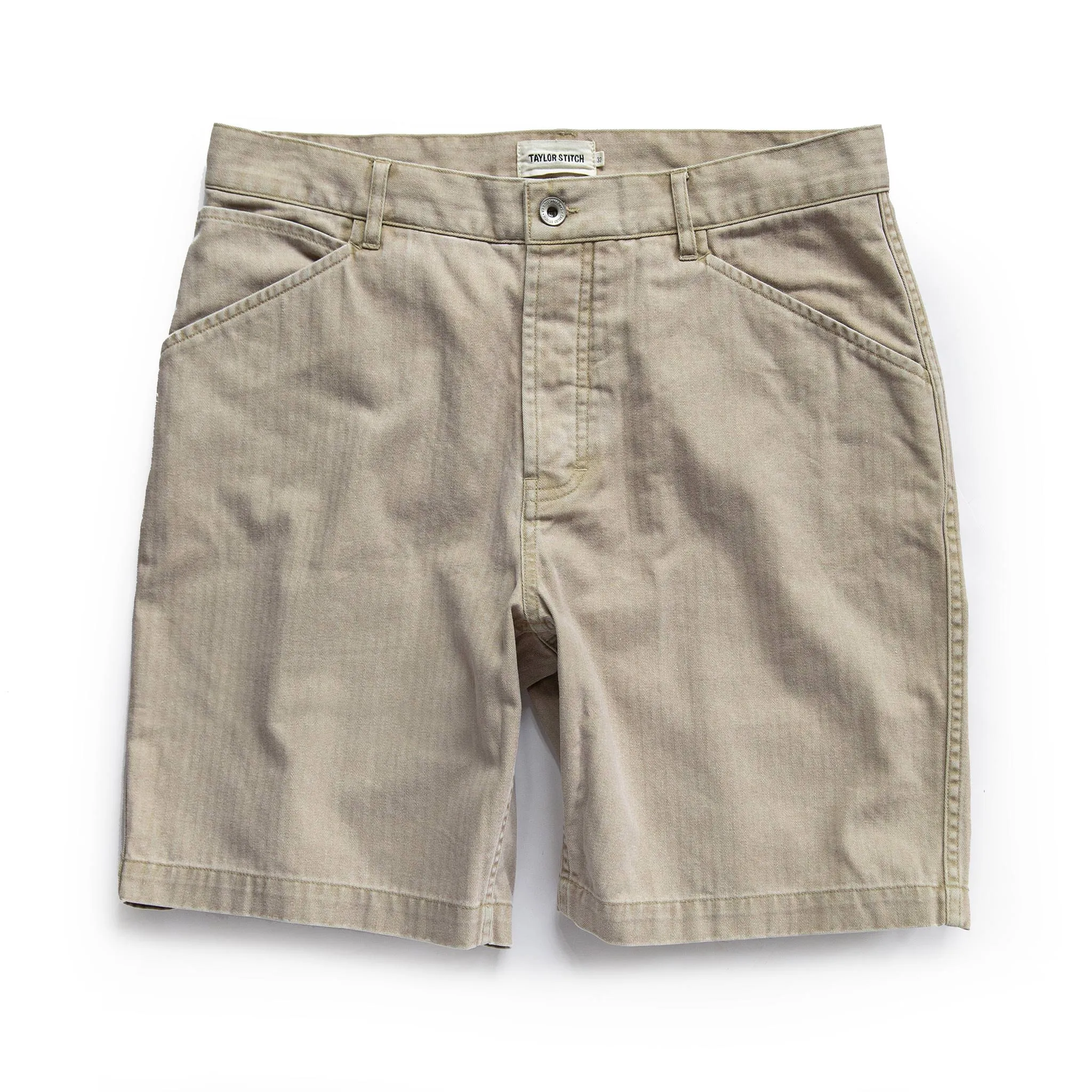 The Camp Short in Khaki Herringbone sold by Taylor Stitch