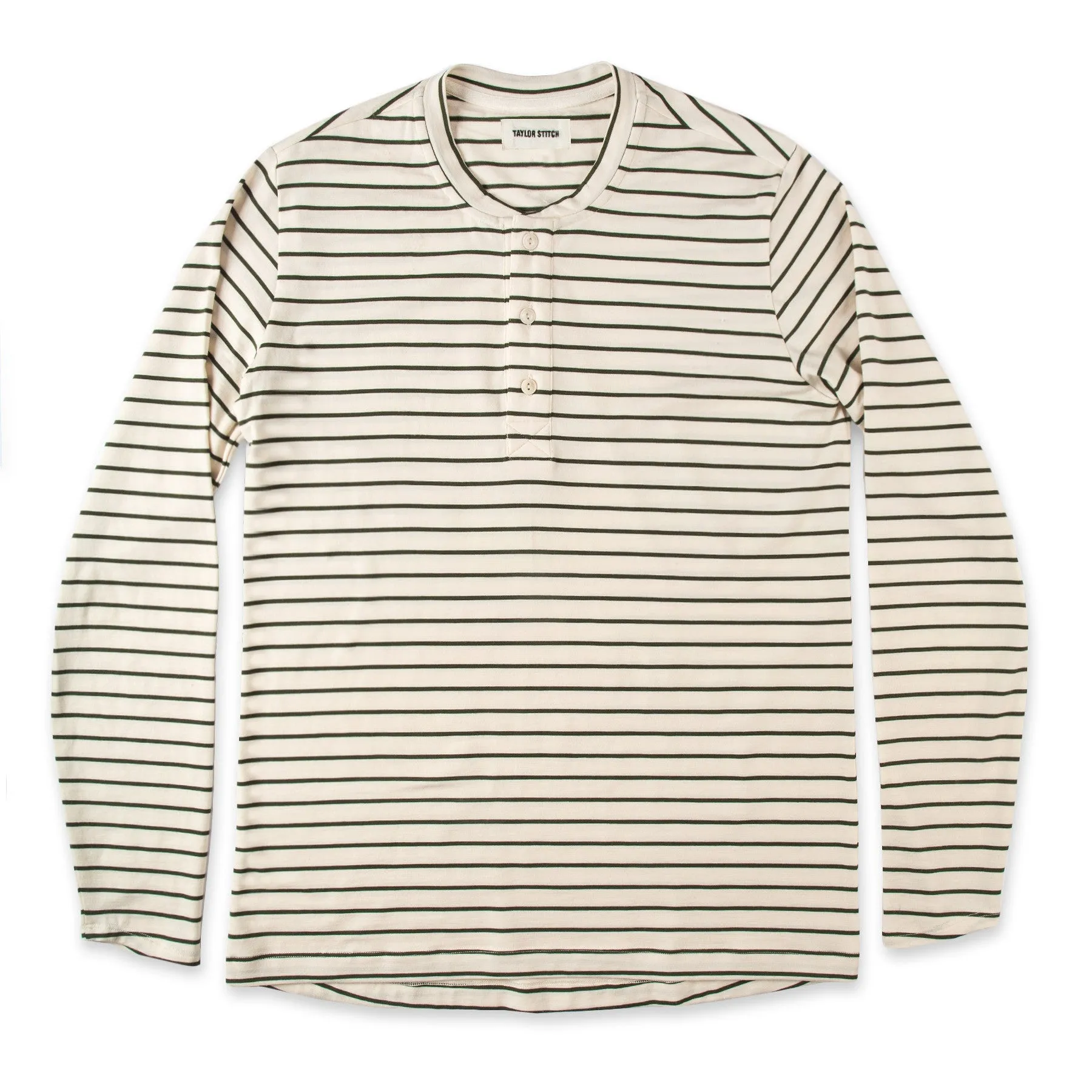 The Mercerized Merino Henley in Forest Stripe sold by Taylor Stitch