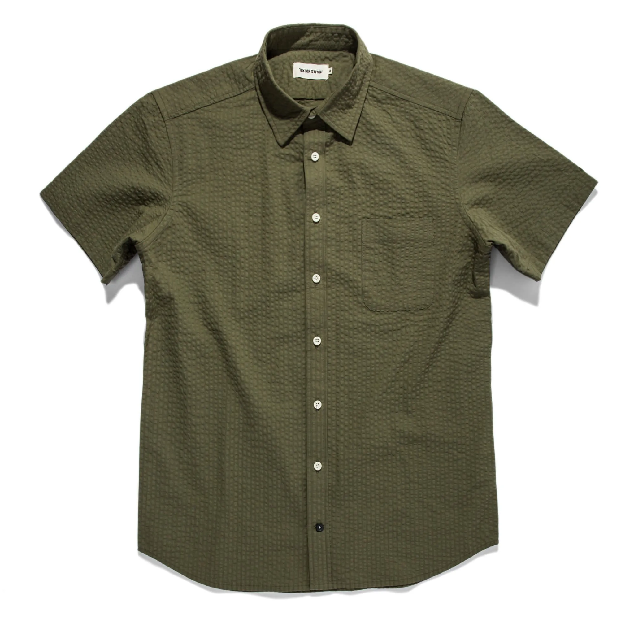 The Short Sleeve California in Army Seersucker sold by Taylor Stitch