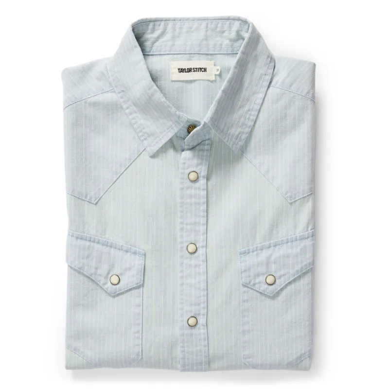 The Western Shirt in Bleached Indigo Stripe sold by Taylor Stitch