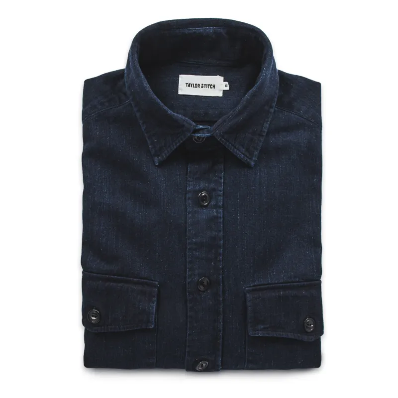 The Maritime Shirt Jacket in Sea Washed Indigo sold by Taylor Stitch
