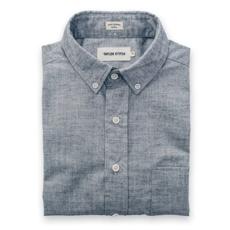 The Short Sleeve Jack in Steel Chambray sold by Taylor Stitch