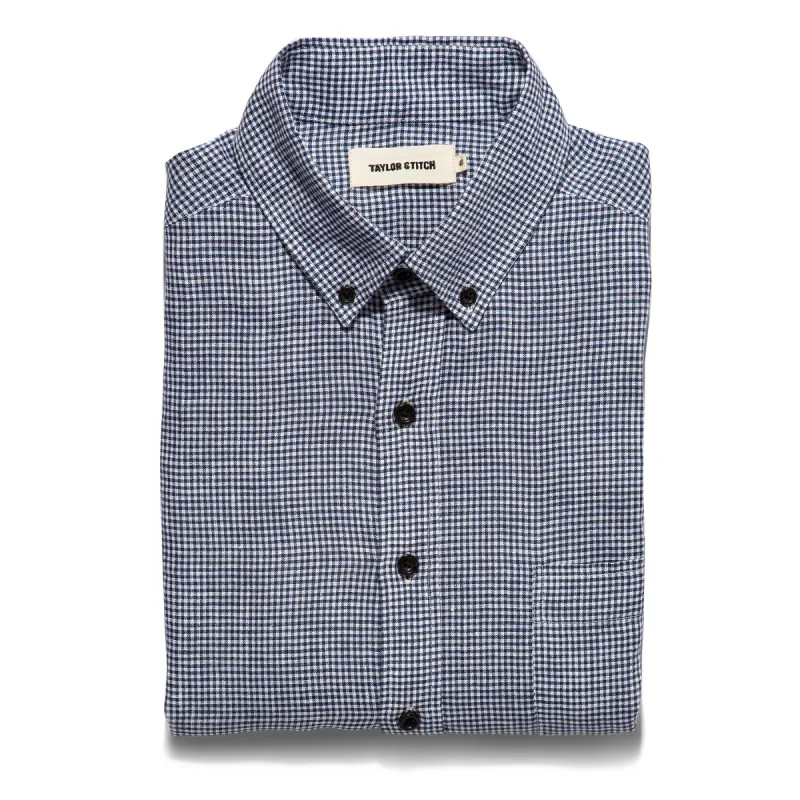 The Jack in Navy Mini Gingham Linen sold by Taylor Stitch