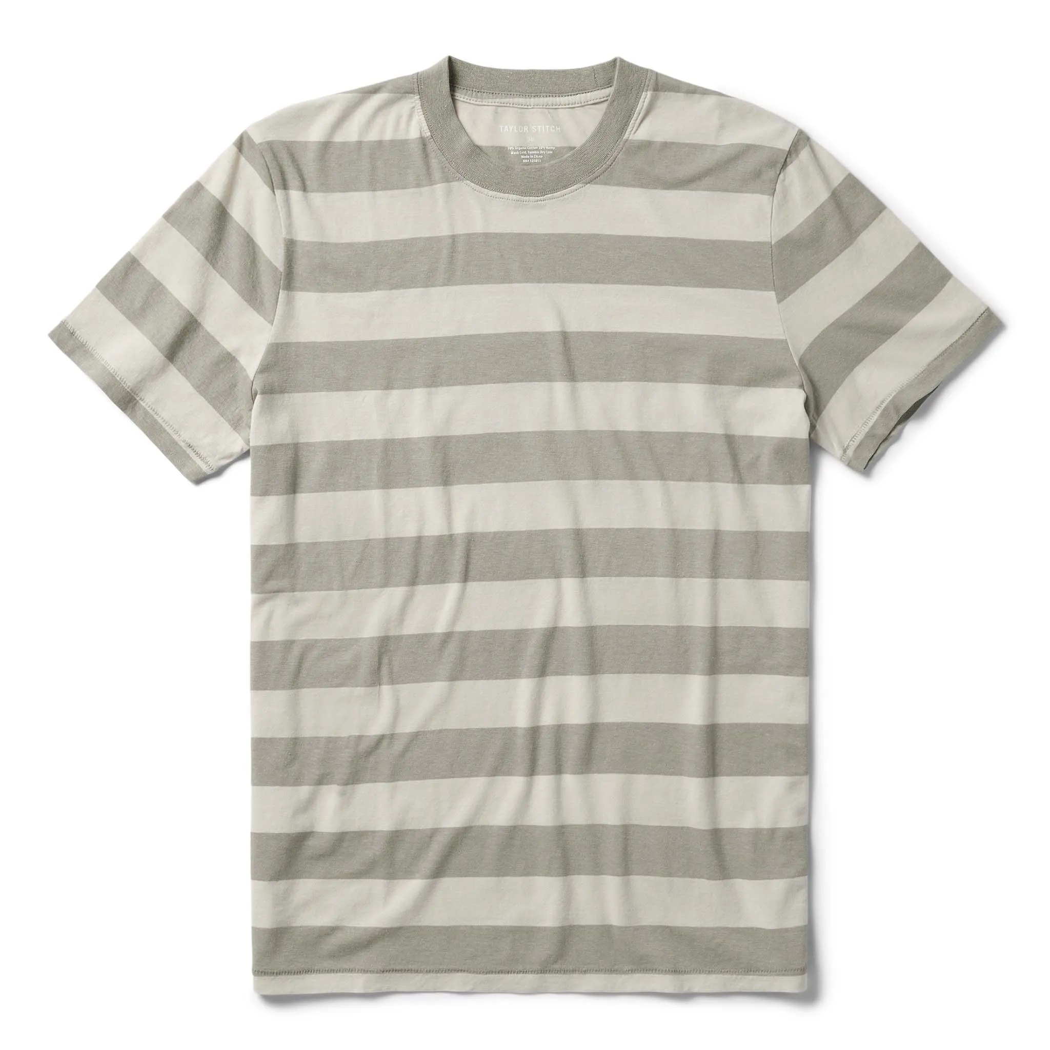 The Cotton Hemp Tee in Natural and Sagebrush Stripe sold by Taylor Stitch