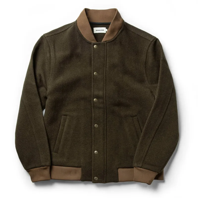The Bomber Jacket in Olive Wool sold by Taylor Stitch