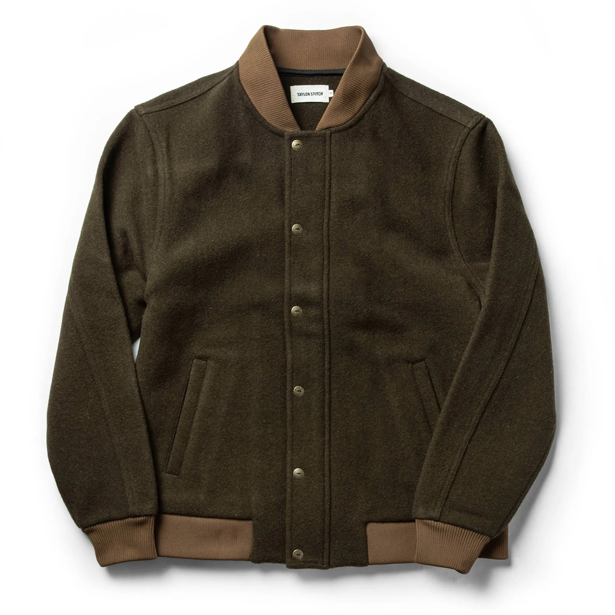 The Bomber Jacket in Olive Wool sold by Taylor Stitch