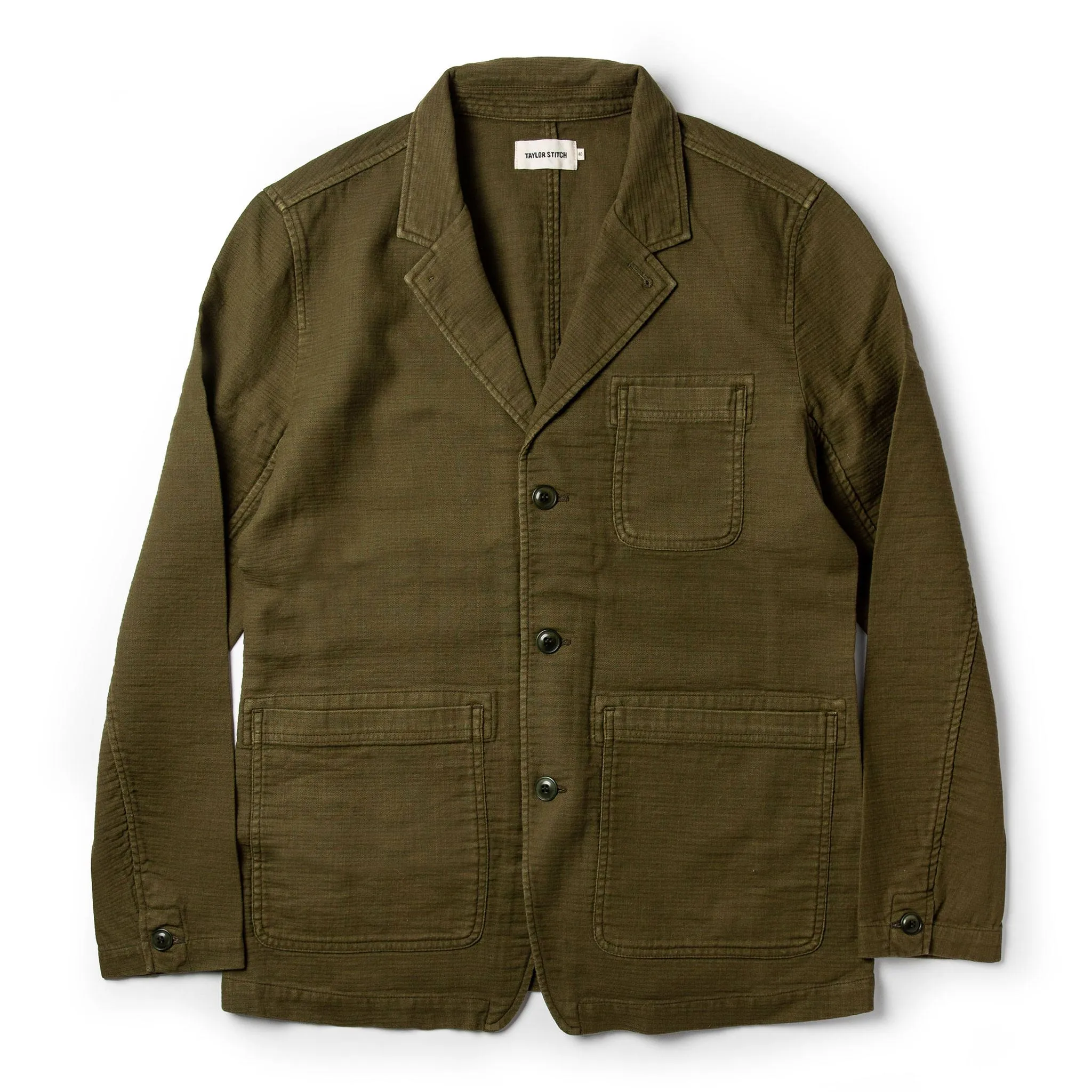 The Emerson Jacket in Olive Double Cloth sold by Taylor Stitch
