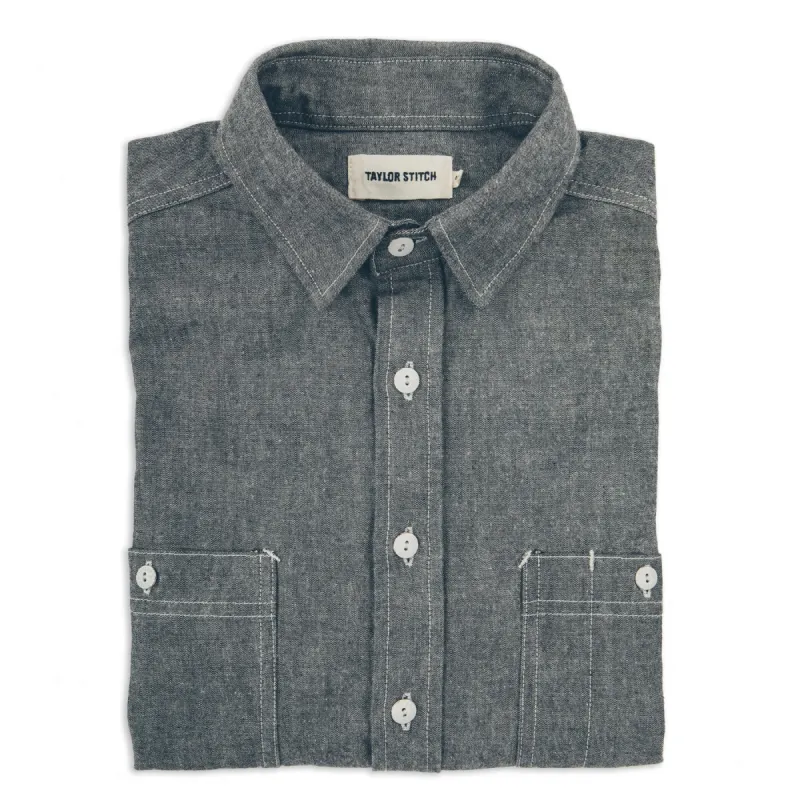 The California in Charcoal Everyday Chambray sold by Taylor Stitch