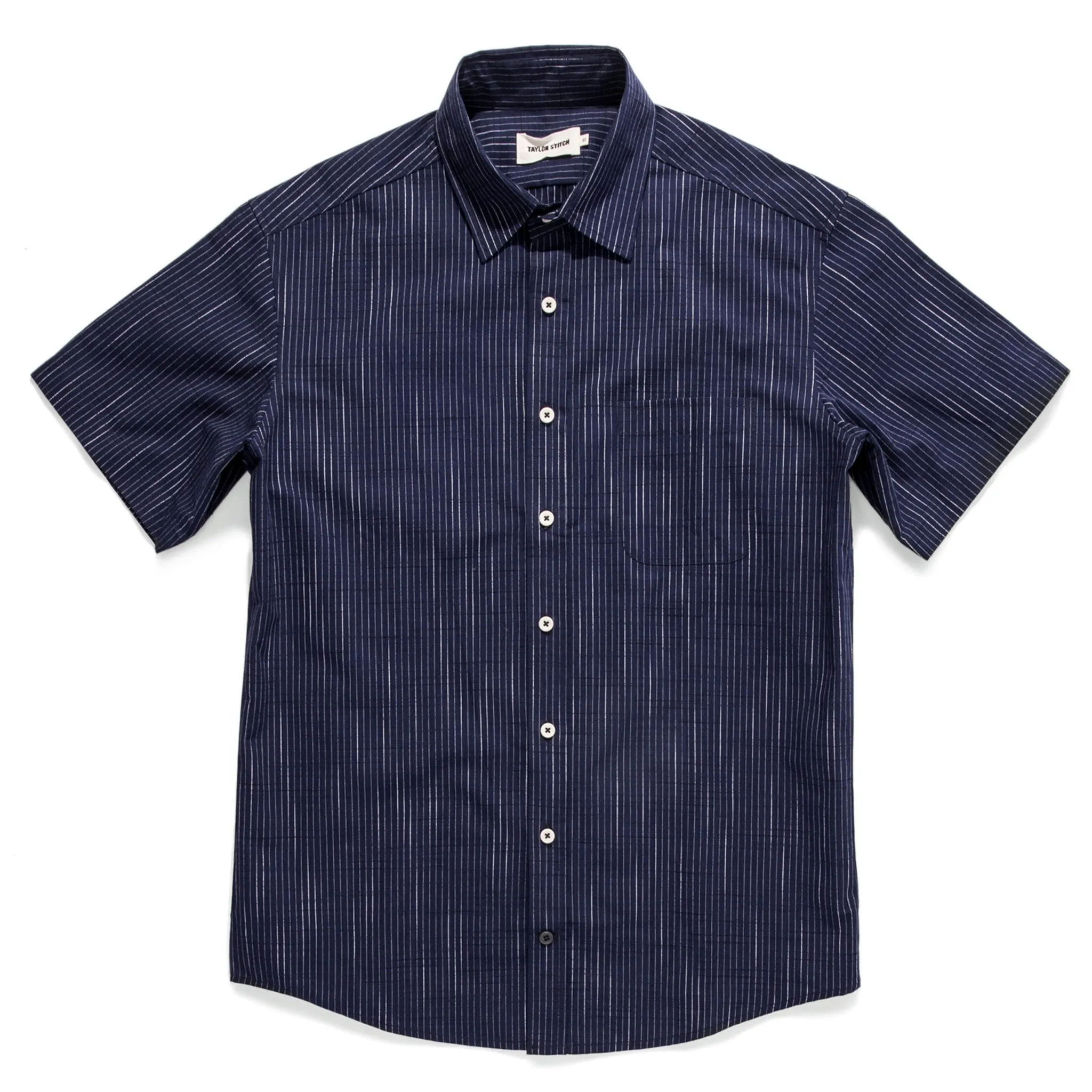 The Short Sleeve California in Navy Slub Stripe sold by Taylor Stitch