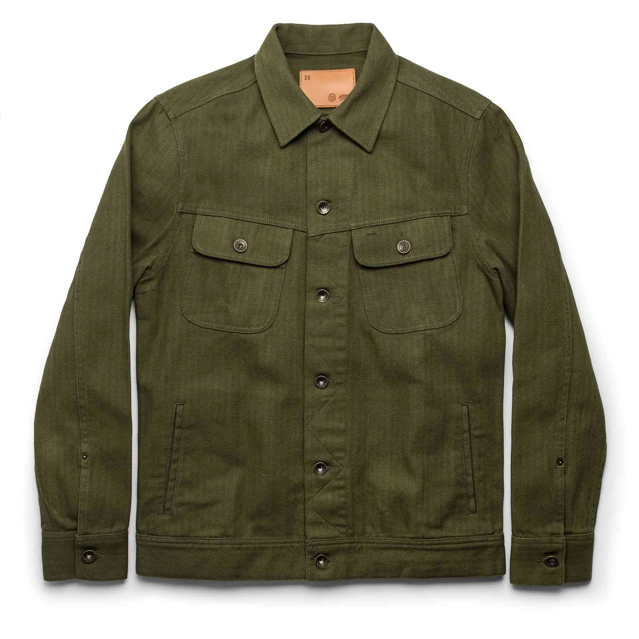 The Long Haul Jacket in Washed Olive Herringbone sold by Taylor Stitch