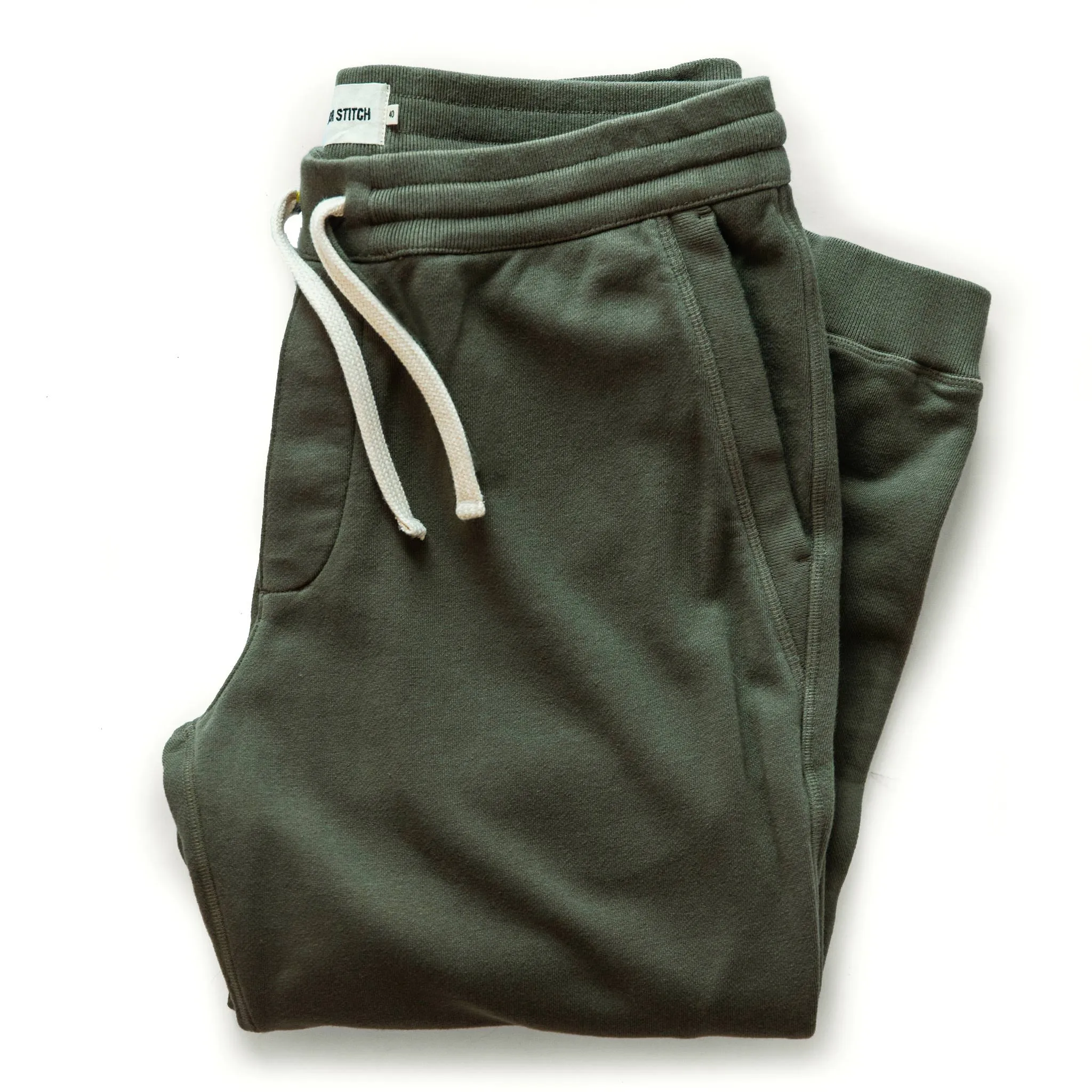 The Fillmore Pant in Dark Olive Terry sold by Taylor Stitch