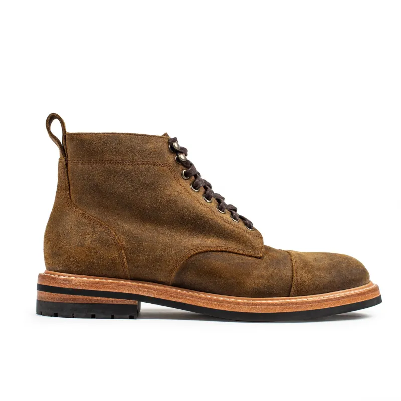 The Moto Boot in Golden Brown Waxed Suede sold by Taylor Stitch