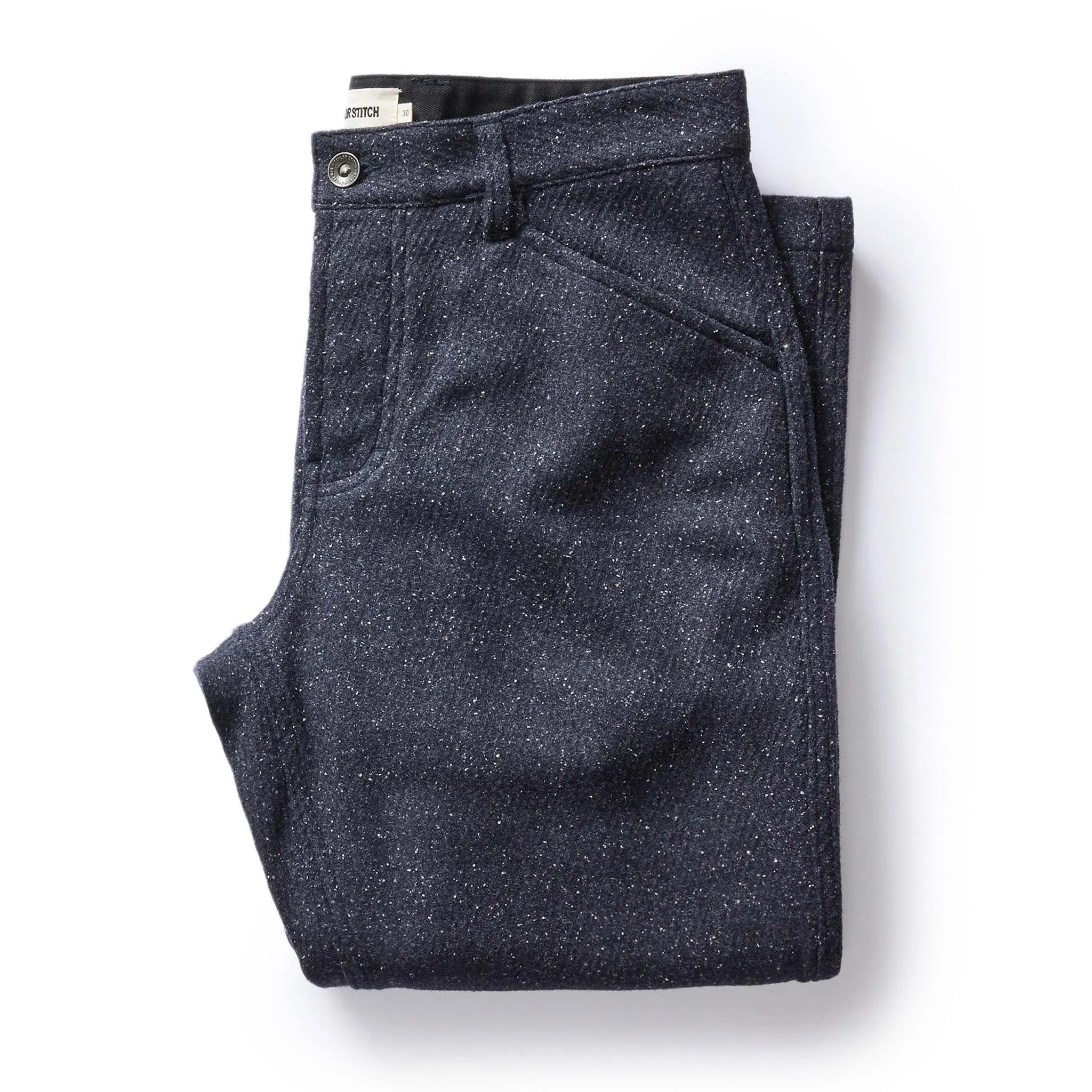 The Camp Pant in Navy Nep Wool sold by Taylor Stitch