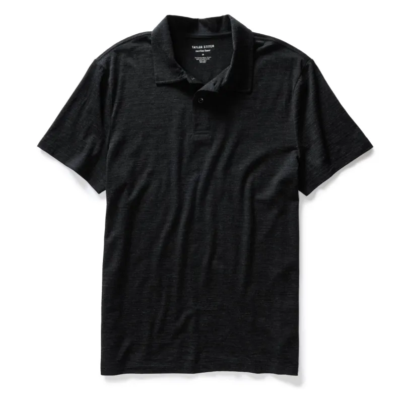 The Merino Polo in Heather Black sold by Taylor Stitch
