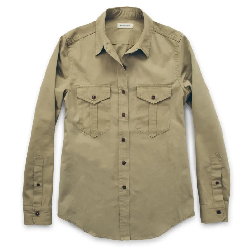 The Andie Shirt in Tan Twill sold by Taylor Stitch