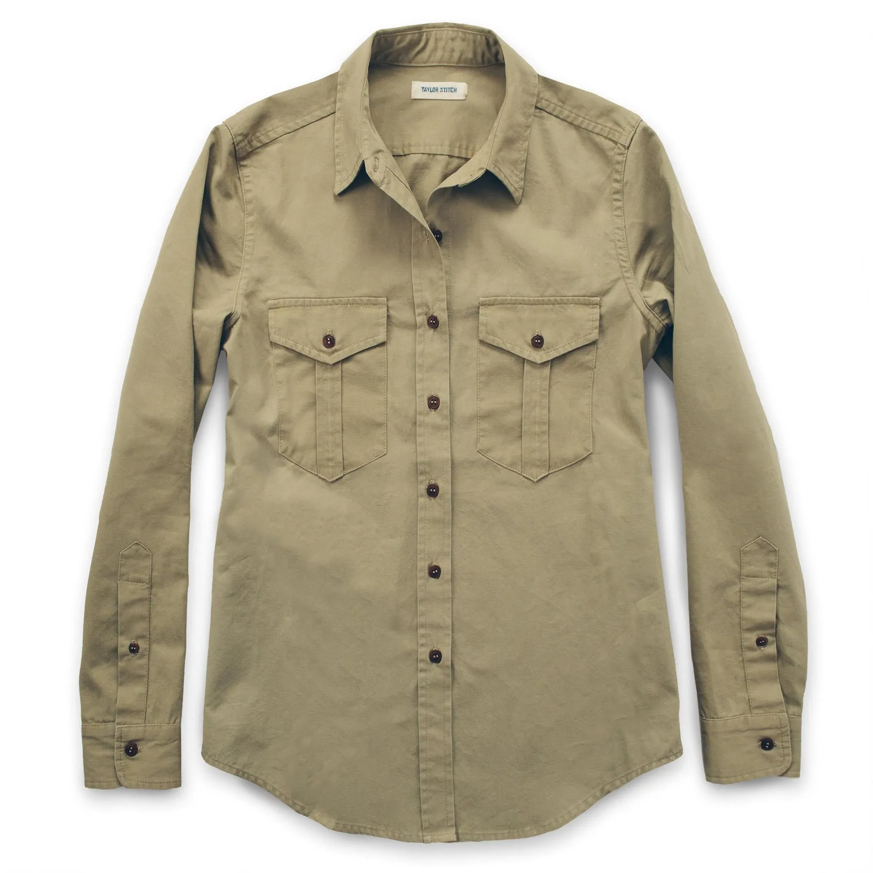 The Andie Shirt in Tan Twill sold by Taylor Stitch