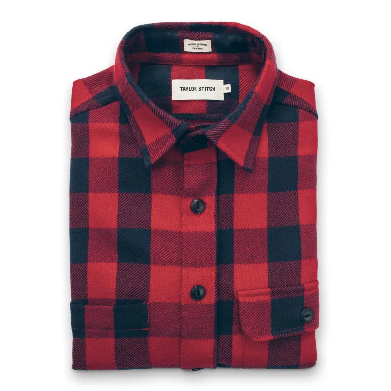 The Moto Utility Shirt in Red Buffalo Plaid sold by Taylor Stitch
