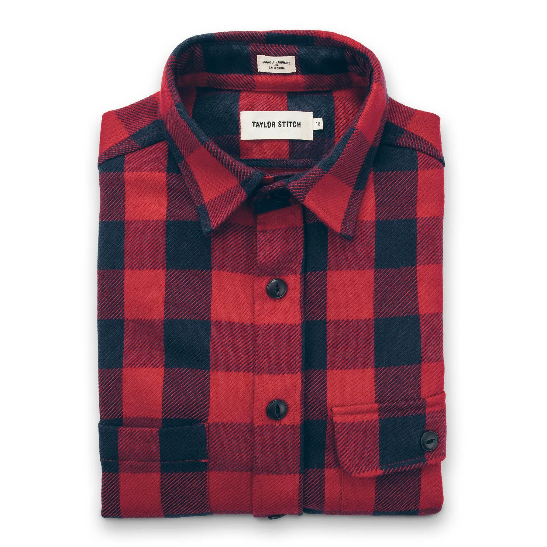 The Moto Utility Shirt in Red Buffalo Plaid sold by Taylor Stitch