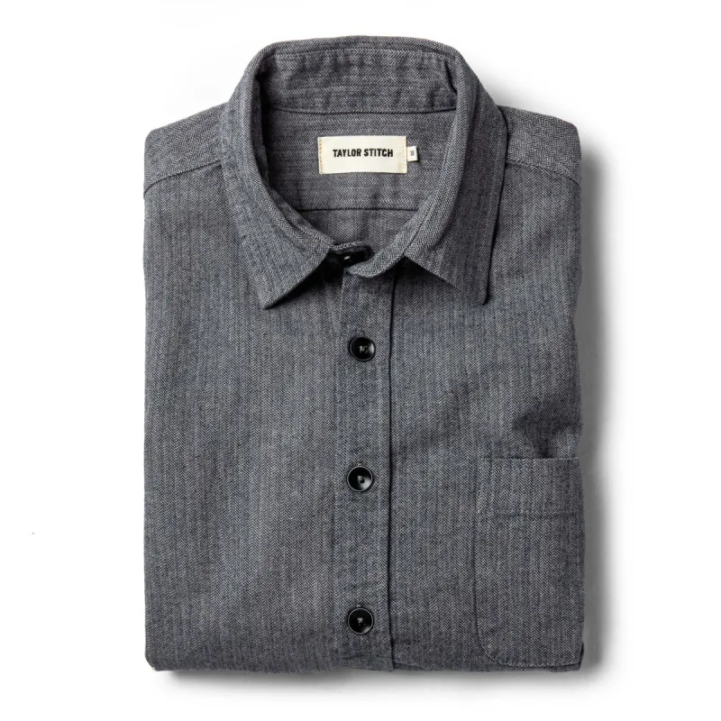 The Mechanic Shirt in Slate Herringbone sold by Taylor Stitch