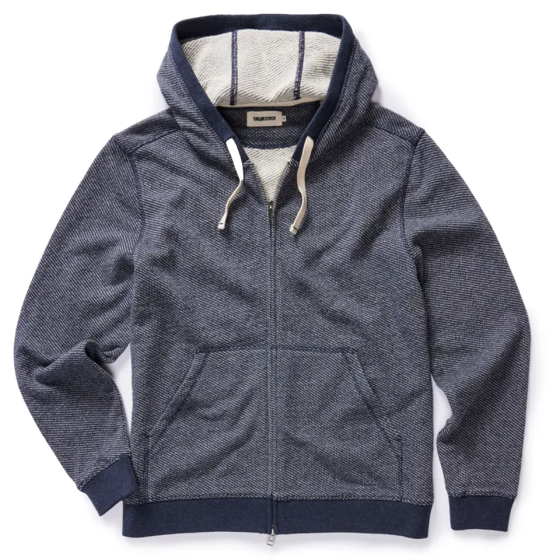 The Apres Zip Hoodie in Heather Navy Terry sold by Taylor Stitch
