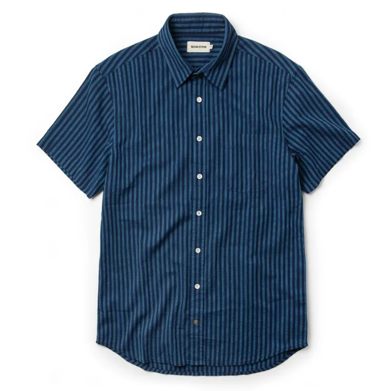 The Short Sleeve California in Indigo Jacquard Stripe sold by Taylor Stitch