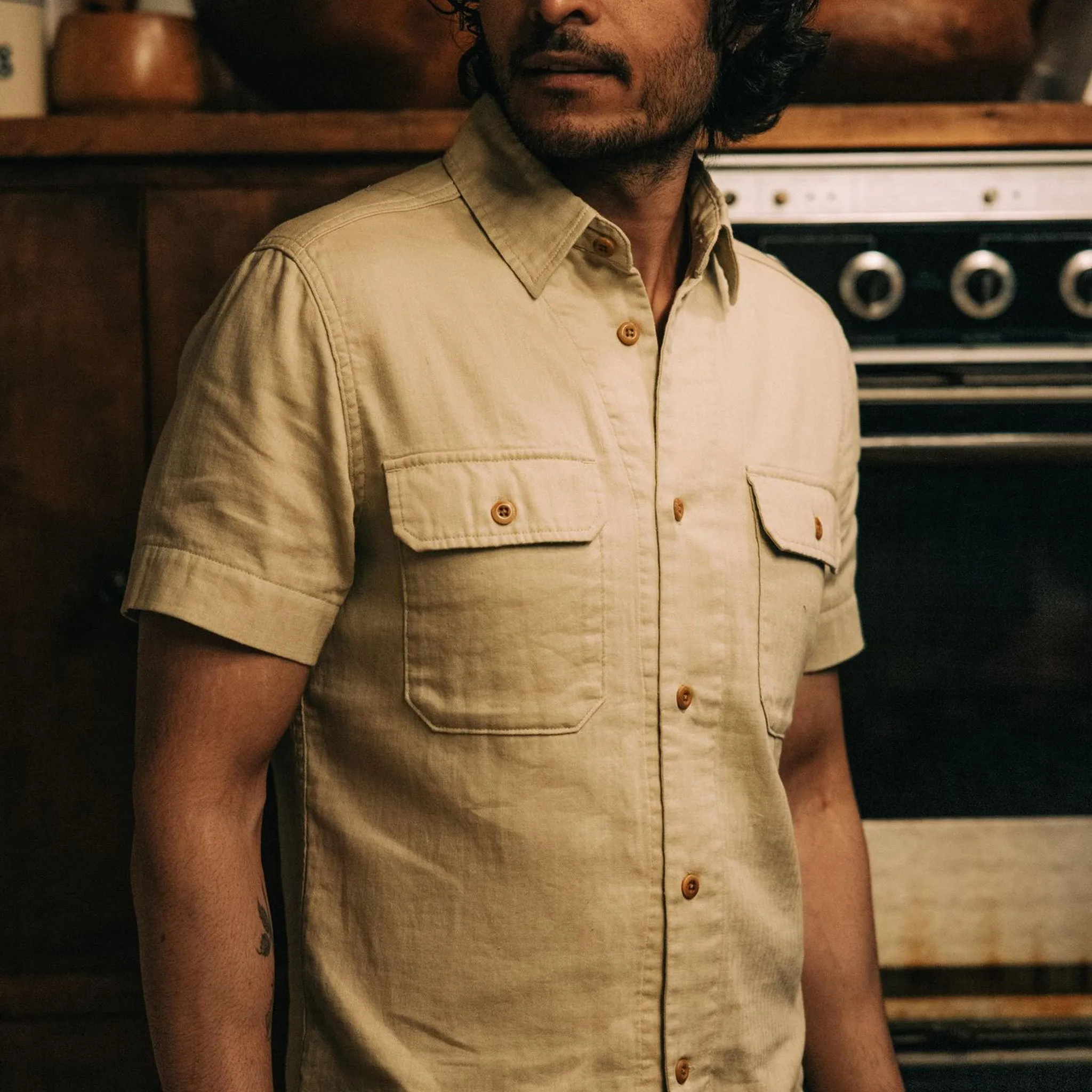 The Short Sleeve Officer Shirt in Dune Double Cloth sold by Taylor Stitch product image thumbnail 4