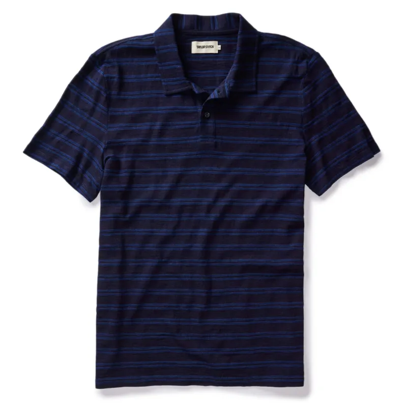 The Organic Cotton Polo in Rinsed Indigo Stripe sold by Taylor Stitch
