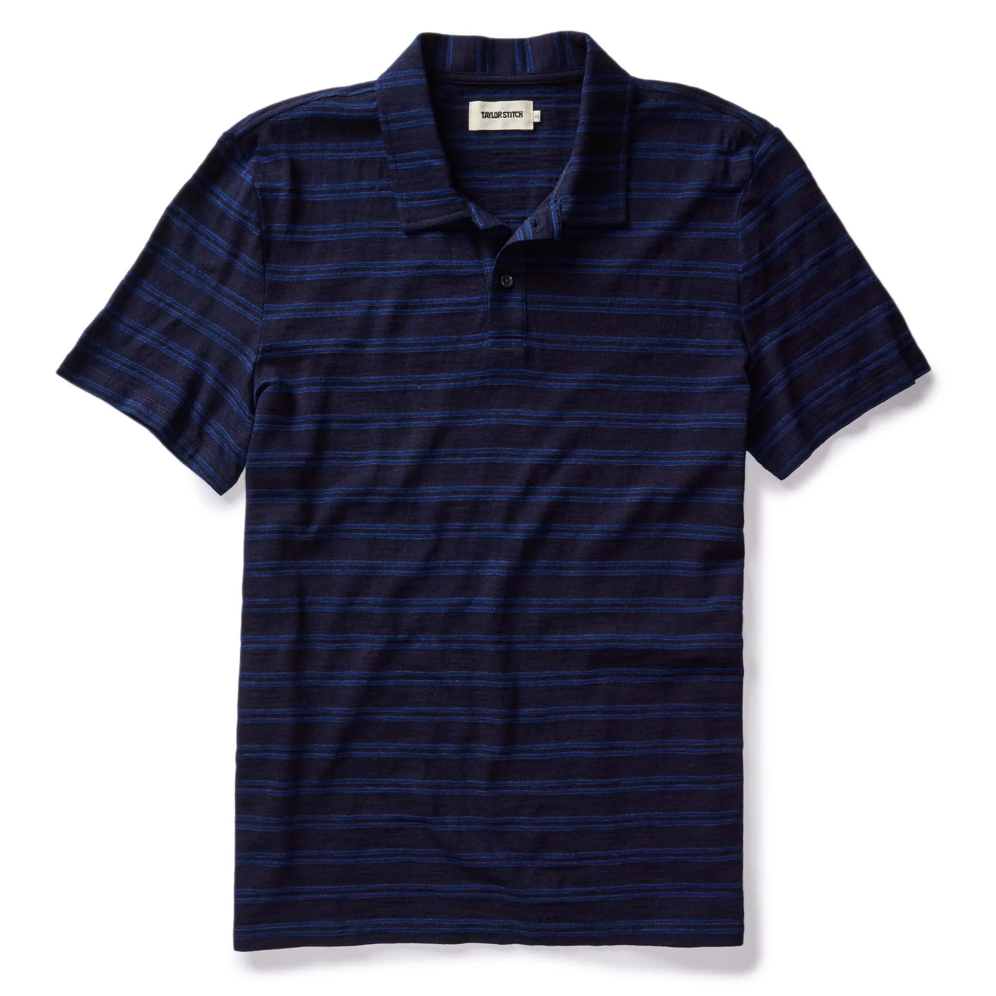 The Organic Cotton Polo in Rinsed Indigo Stripe sold by Taylor Stitch