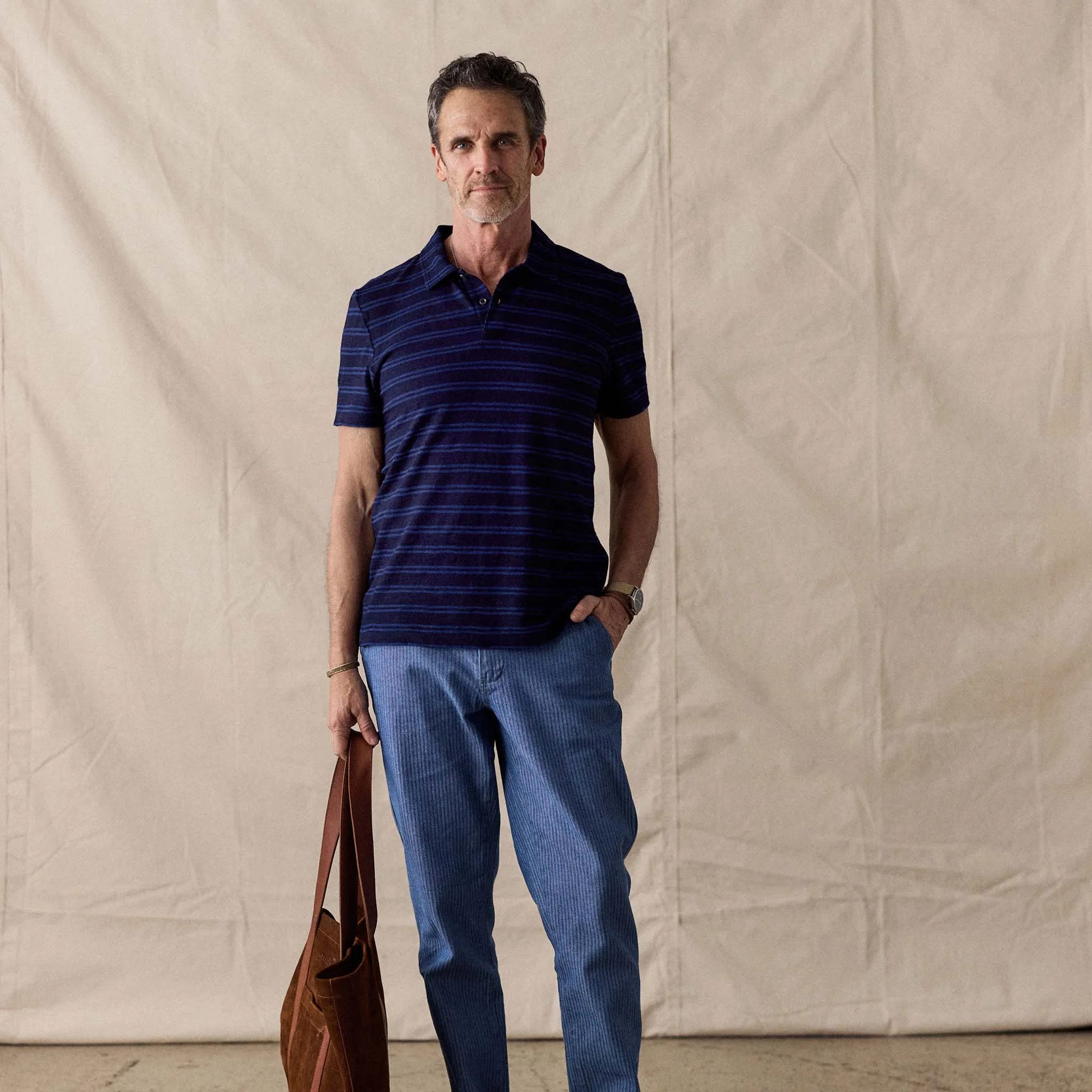 The Organic Cotton Polo in Rinsed Indigo Stripe sold by Taylor Stitch product image thumbnail 4