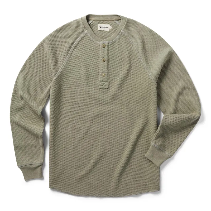 The Heavy Bag Waffle Henley in Army sold by Taylor Stitch