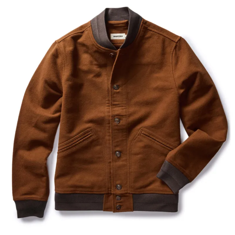 The Bomber Jacket in Tarnished Copper Moleskin sold by Taylor Stitch