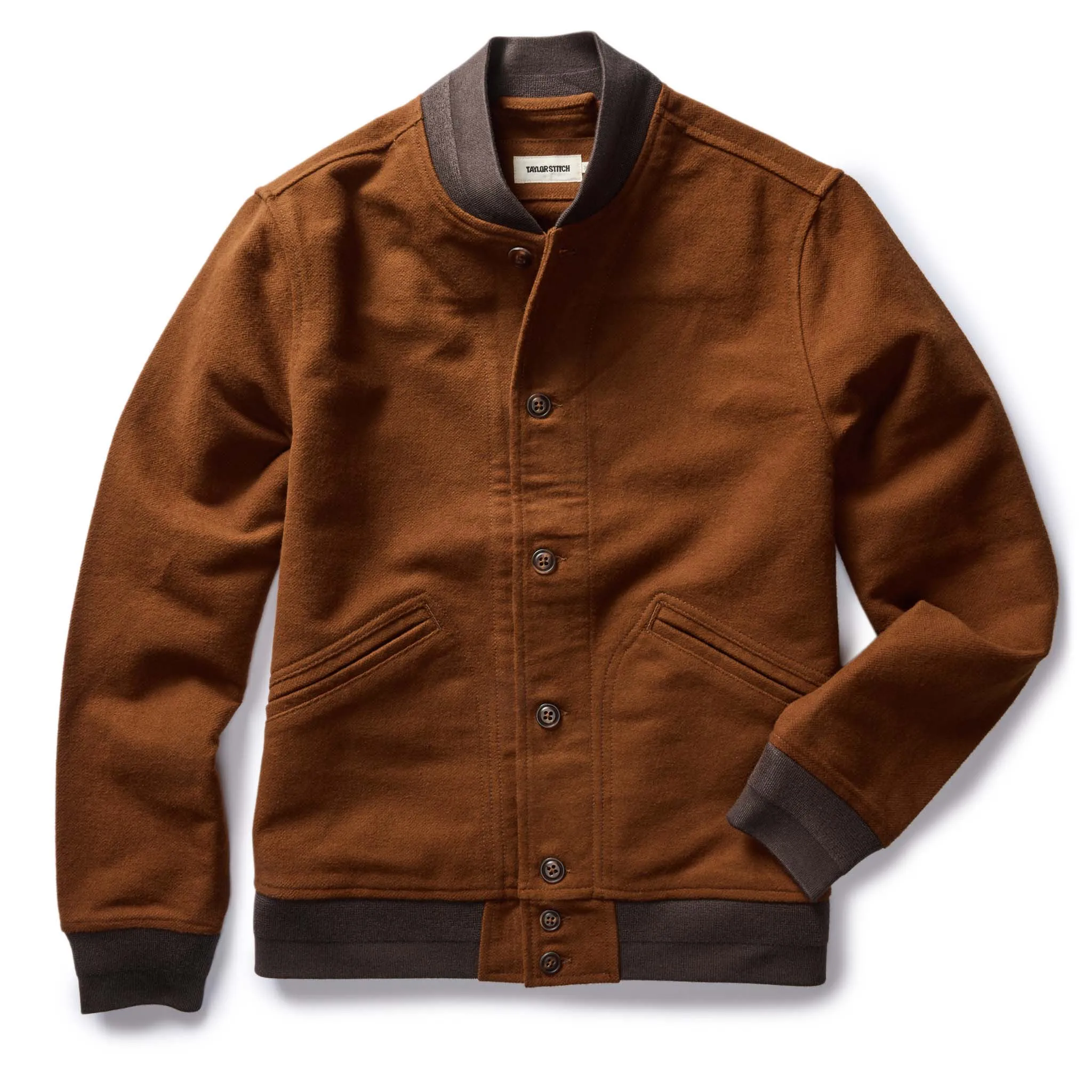 The Bomber Jacket in Tarnished Copper Moleskin sold by Taylor Stitch