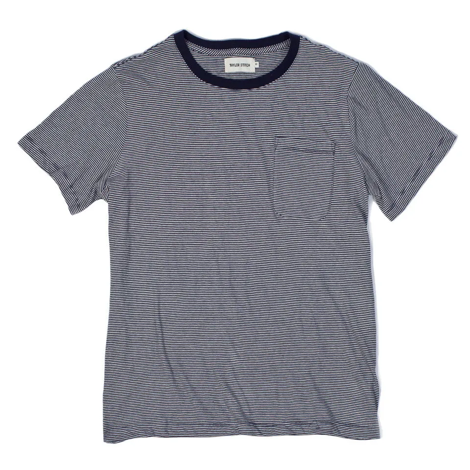 The Crewneck Pocket Tee in Sausalito Stripe sold by Taylor Stitch