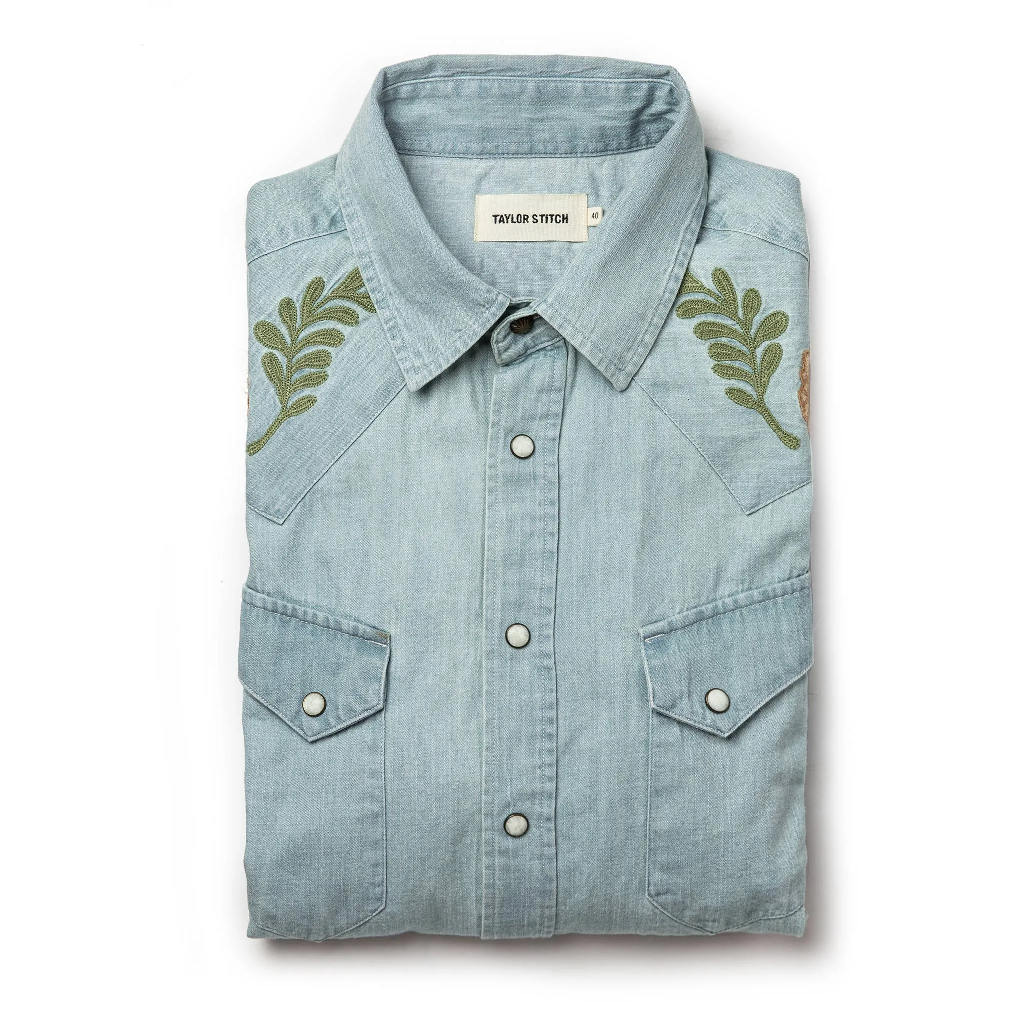The Embroidered Western Shirt in Washed Denim sold by Taylor Stitch