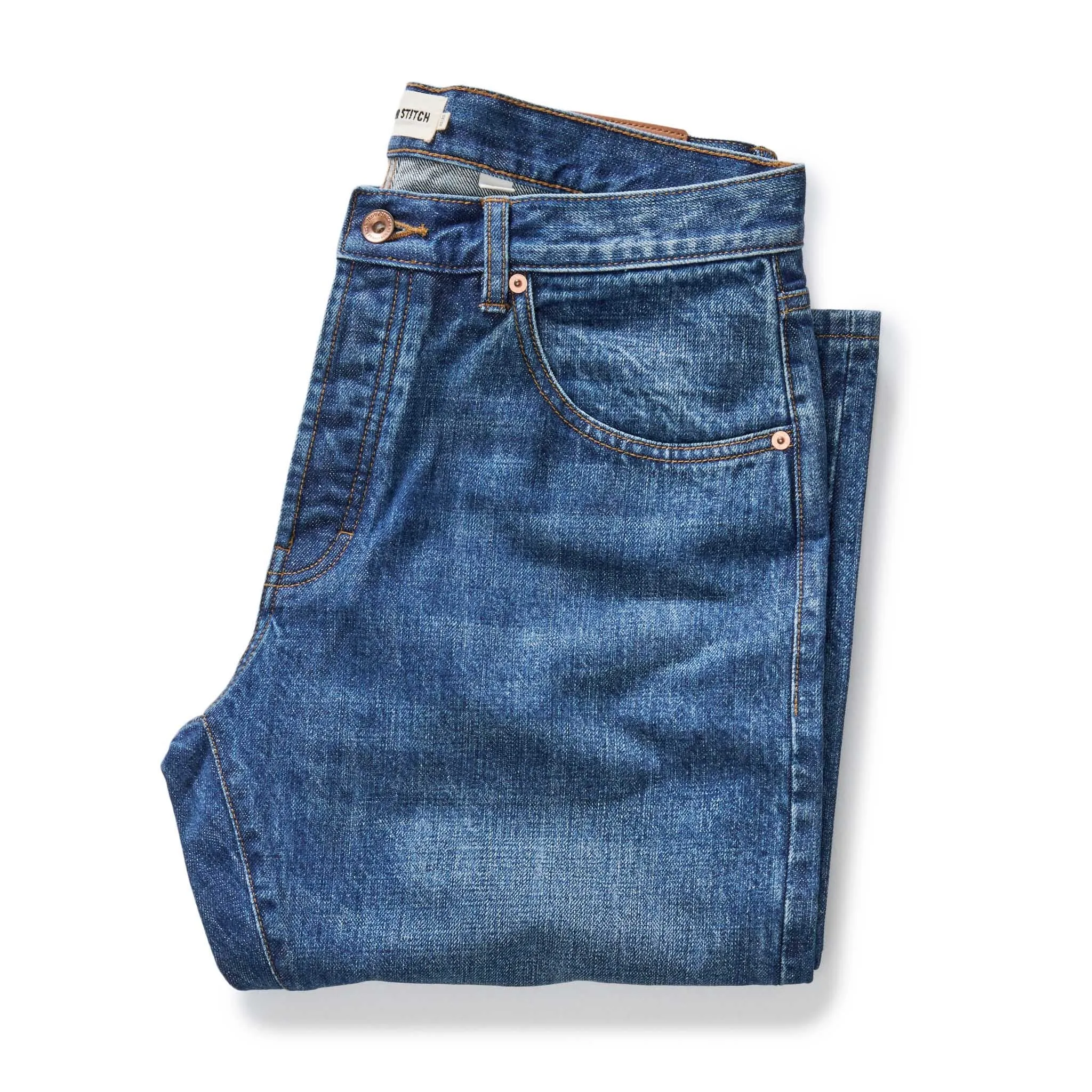 The Democratic Jean in Mid Wash Organic Selvedge sold by Taylor Stitch