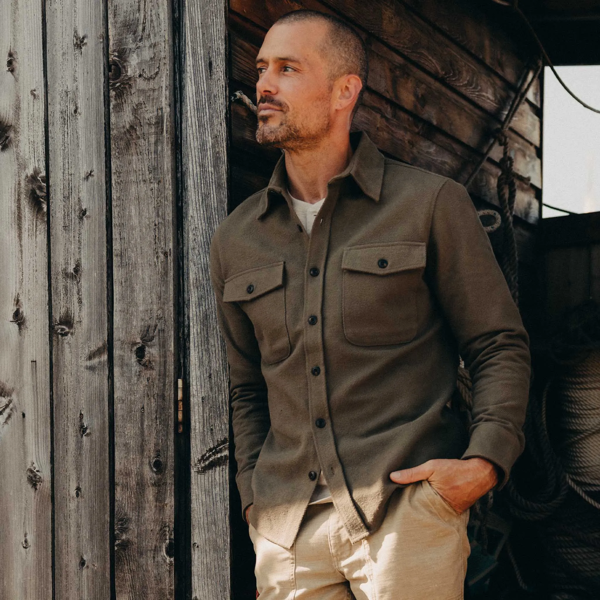 The Maritime Shirt Jacket in Fatigue Olive Moleskin Twill sold by Taylor Stitch product image thumbnail 2